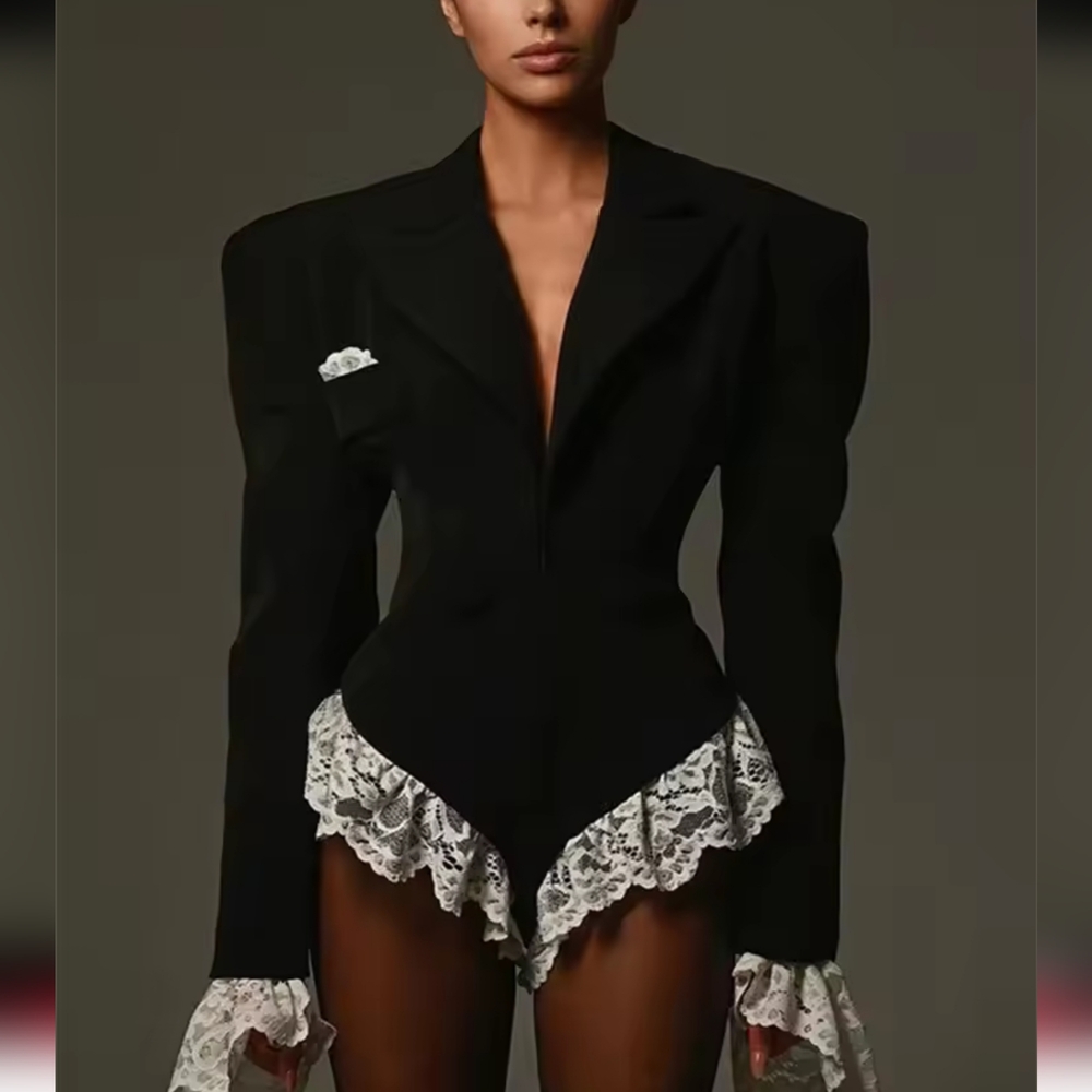Lace Fashion Suit Jumpsuit Female Blazer Body Top V-Neck Slim Long Sleeve - Picture 4 of 10